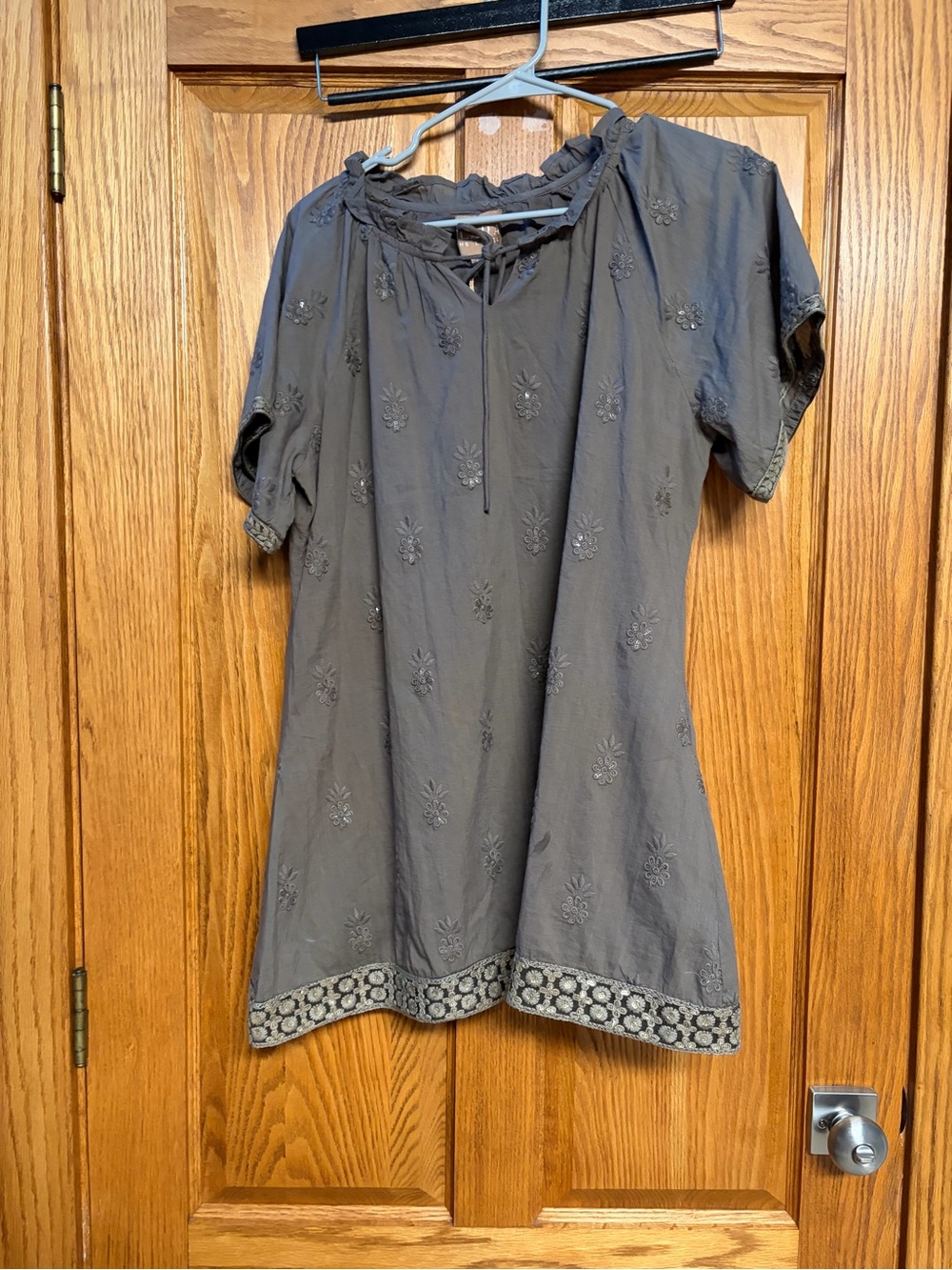 Embroidered Short-Sleeve Tunic Top in brown